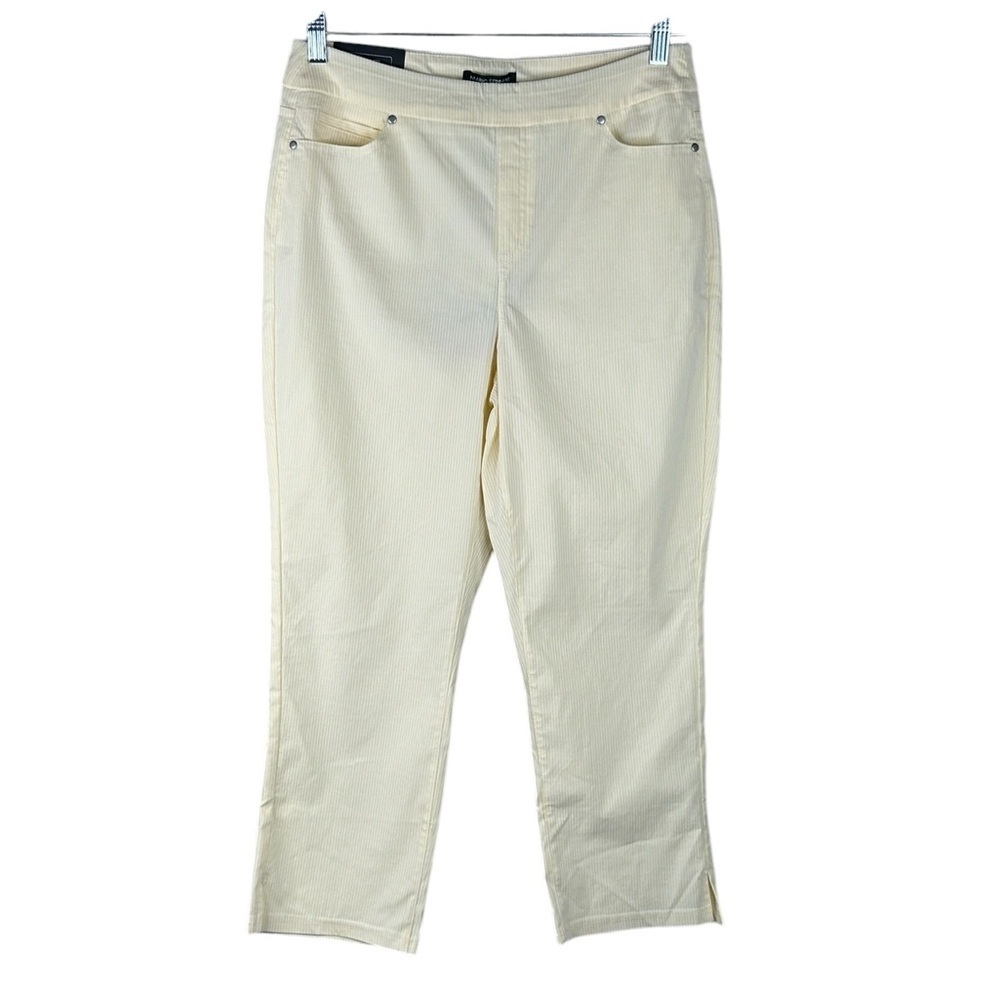 Mario Serrani Yellow & White Seersucker Stripe Pull On Cropped Pants Size M‎ New